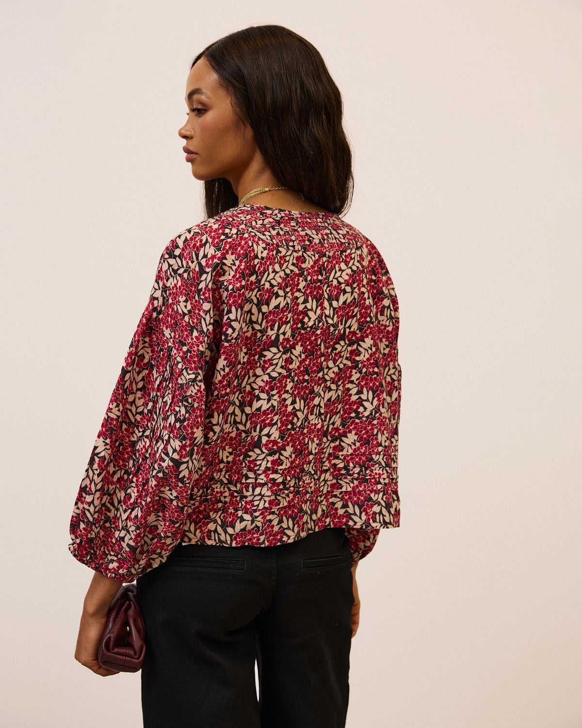 Blouse Plissée à Imprimé Floral Grenat