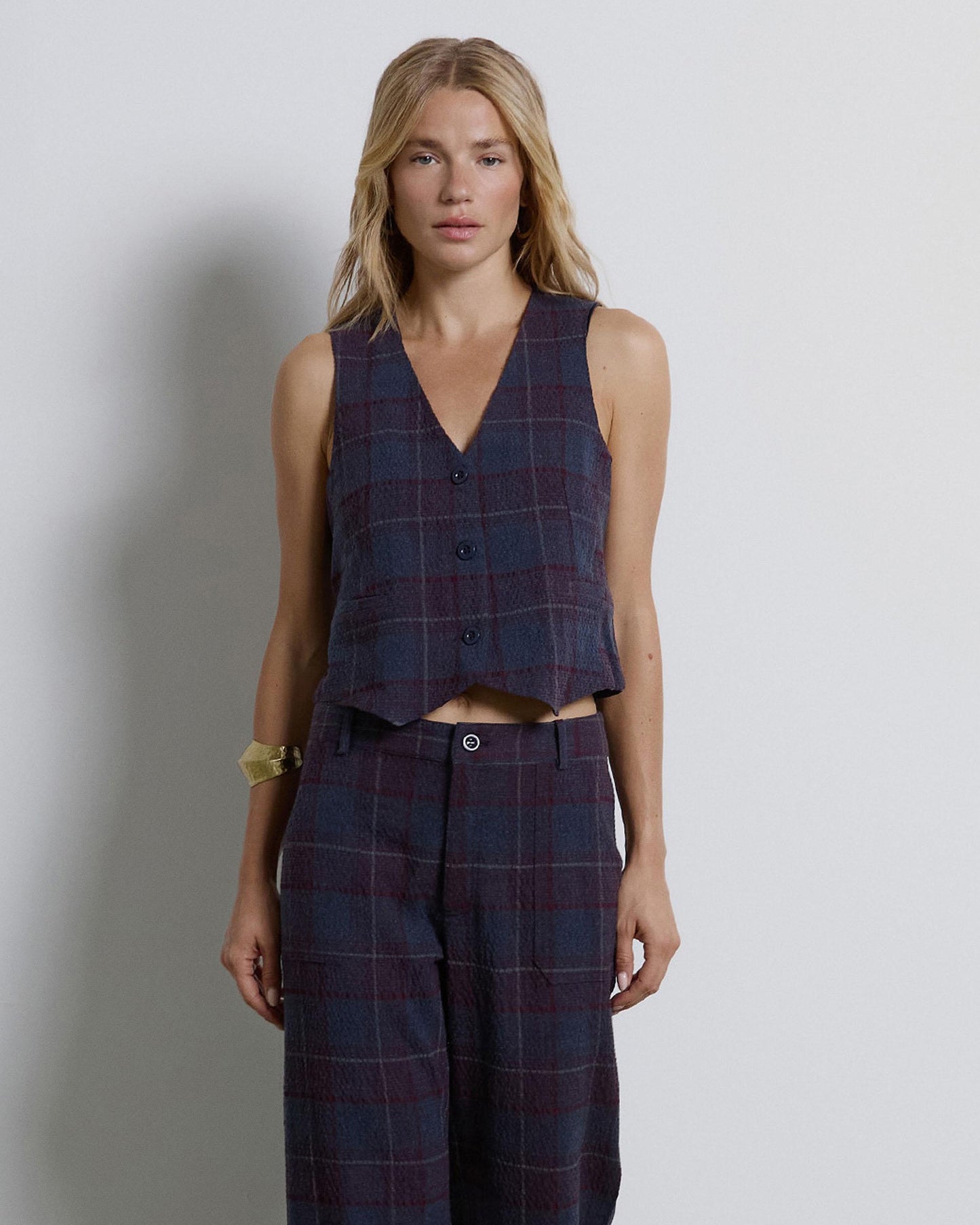 Colete alfaiataria xadrez azul escuro