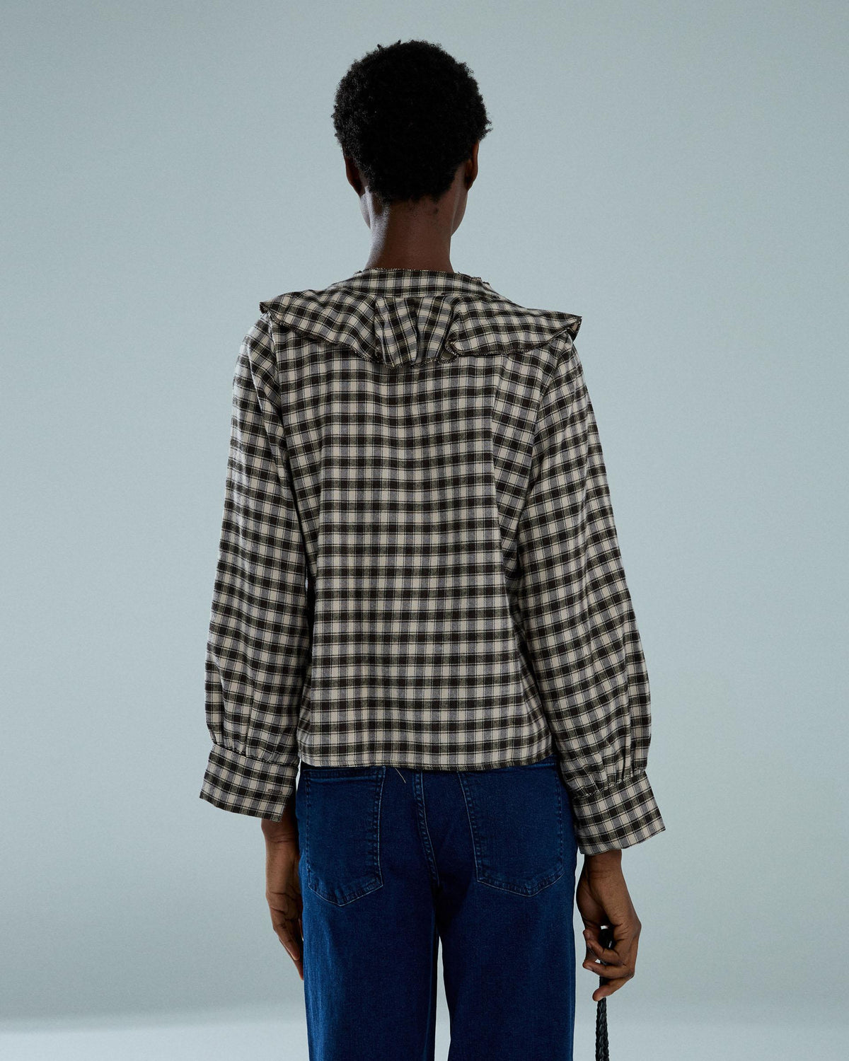 Blusa Volante Delantero Cuadros Marrón