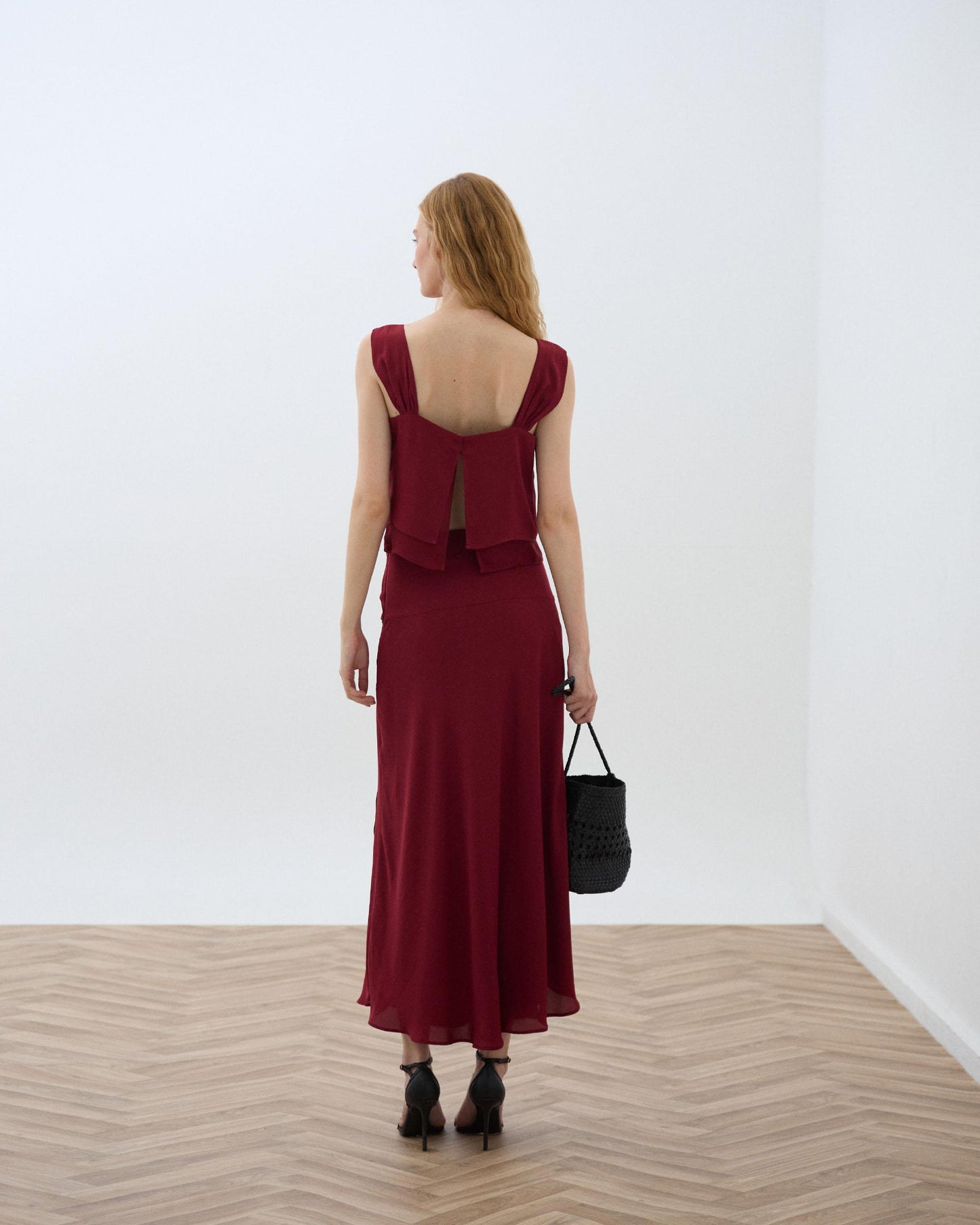 Burgundy Tie-Front Maxi Skirt