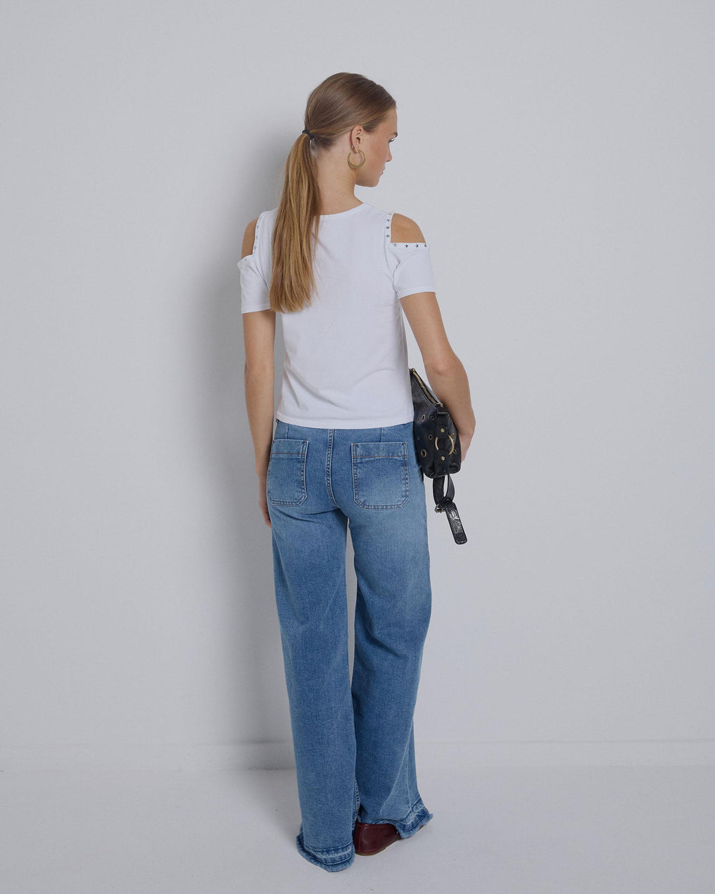 White Studded Shoulder Opening T-shirt