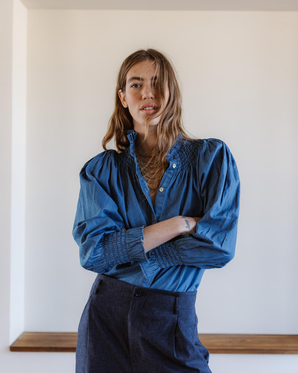 Blouse Col Montant Type Denim Bleu Jean