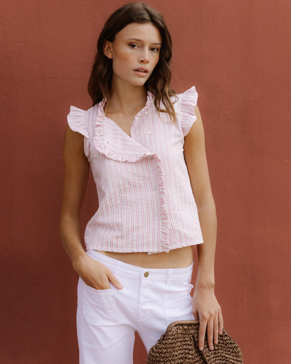 Blusa Sin Mangas Volantes Rayas Rosa