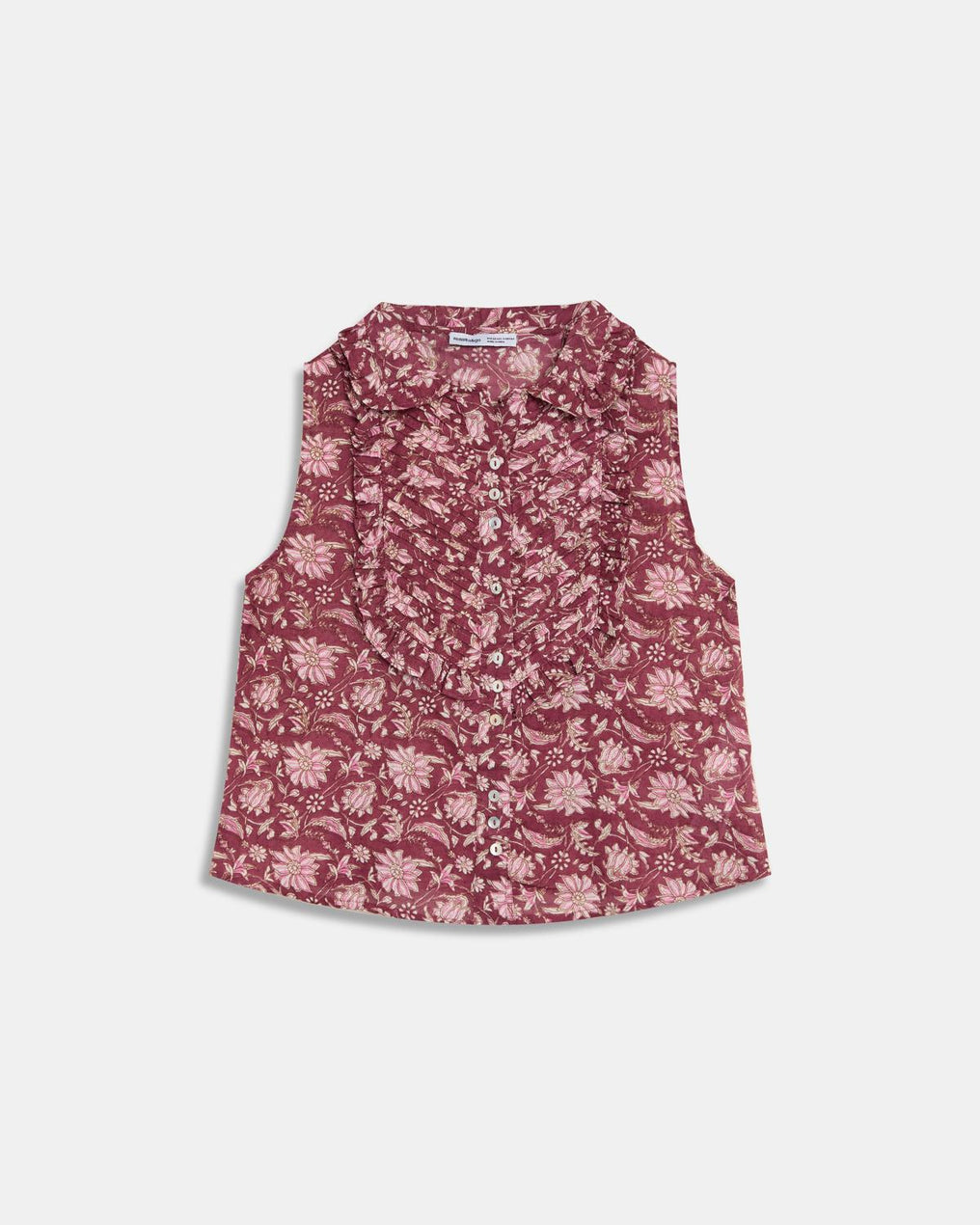 Blouse sans Manches Plastron Imprimé Floral Grenat