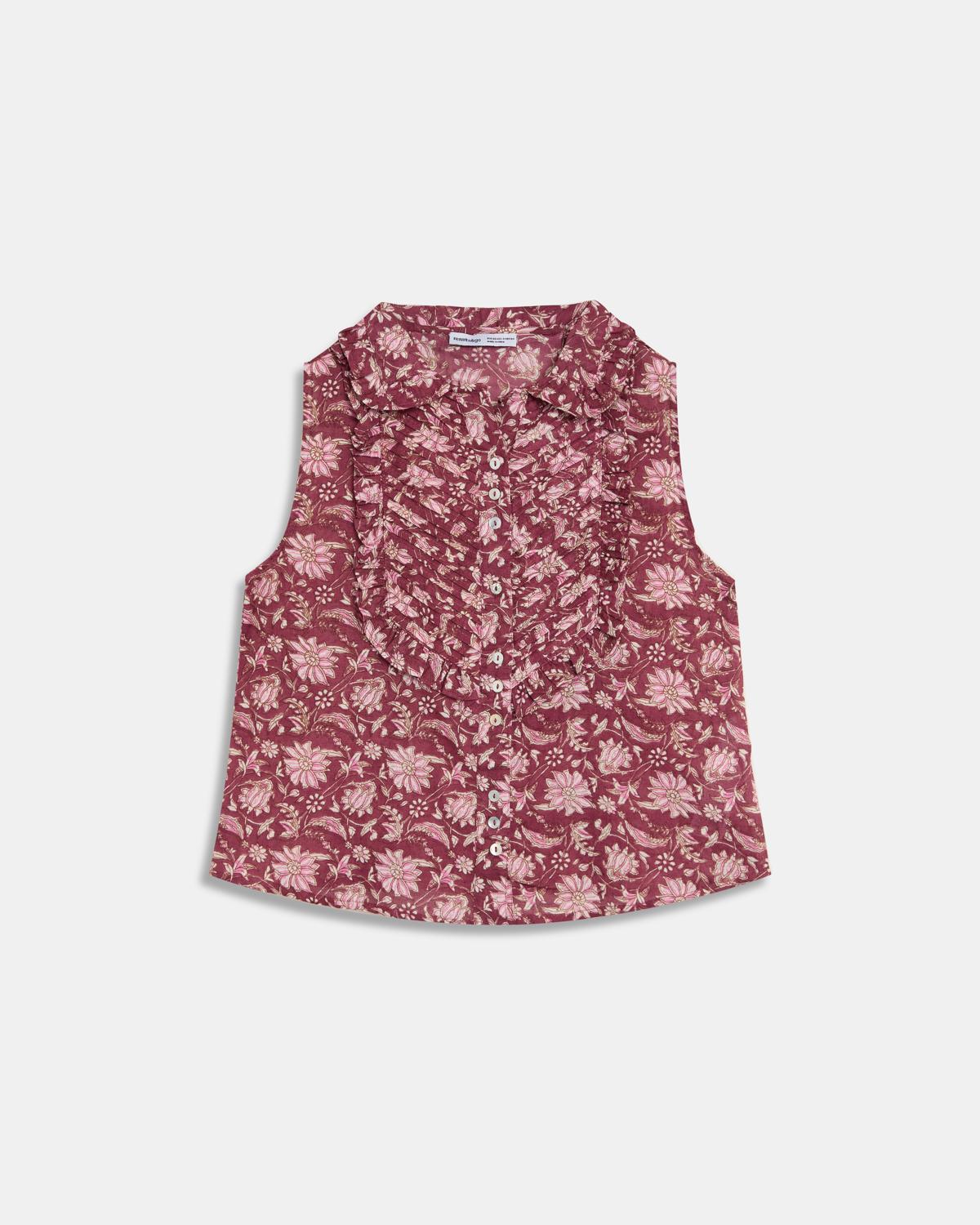 Blouse sans Manches Plastron Imprimé Floral Grenat
