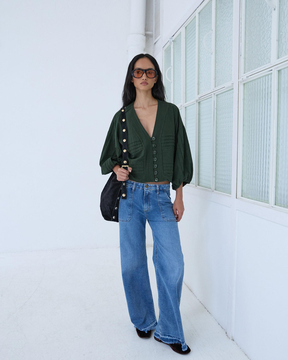 Blusa Pliegues Verde Oscuro