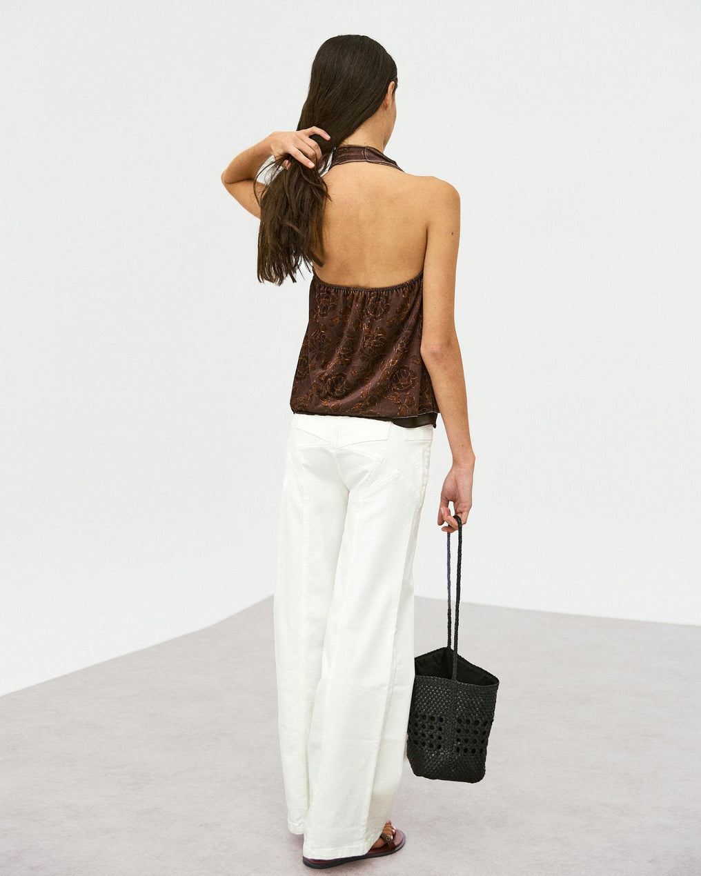 Top Halter Velours Imprimé Floral Marron