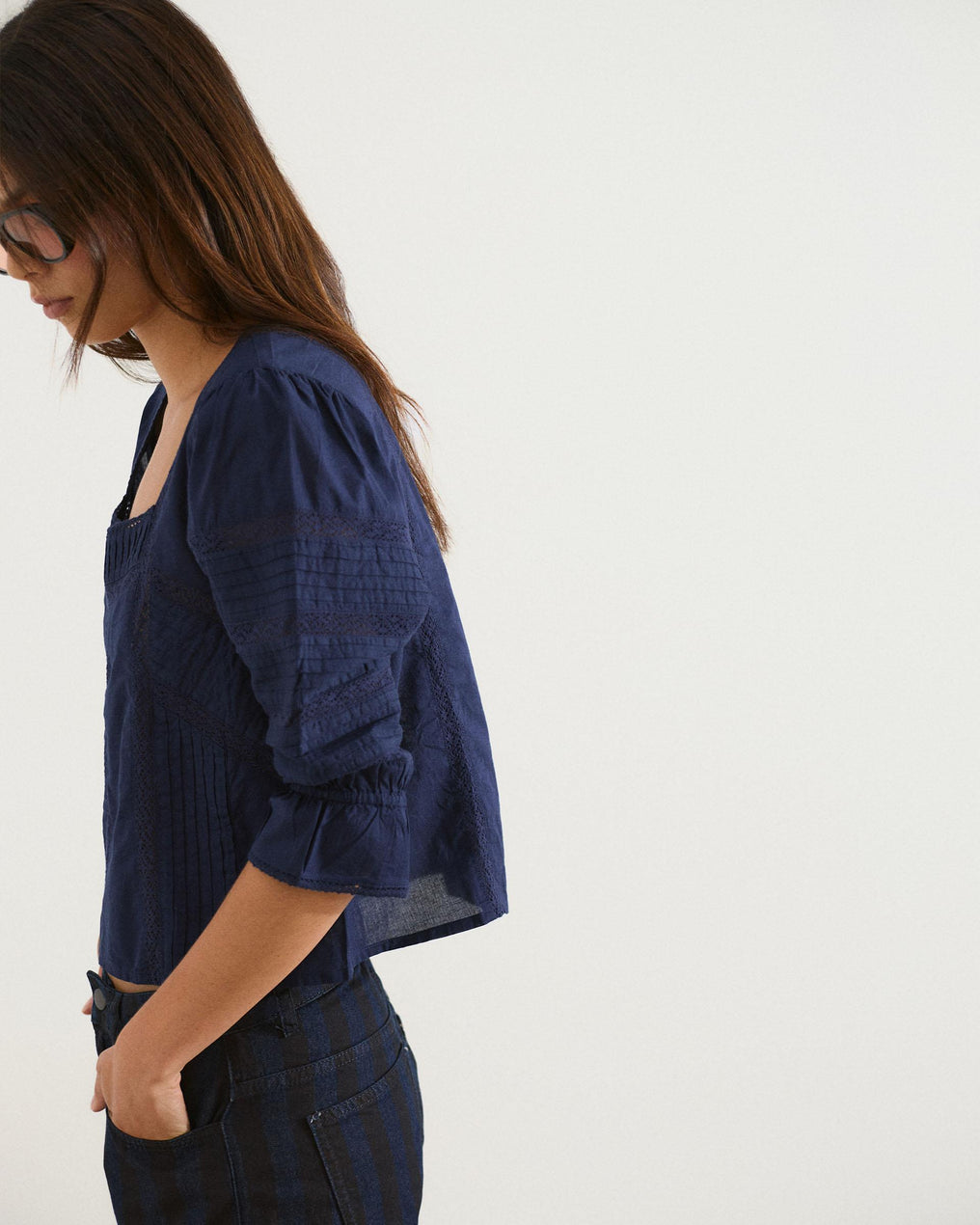 Navy Blue Square Neck Lace Blouse