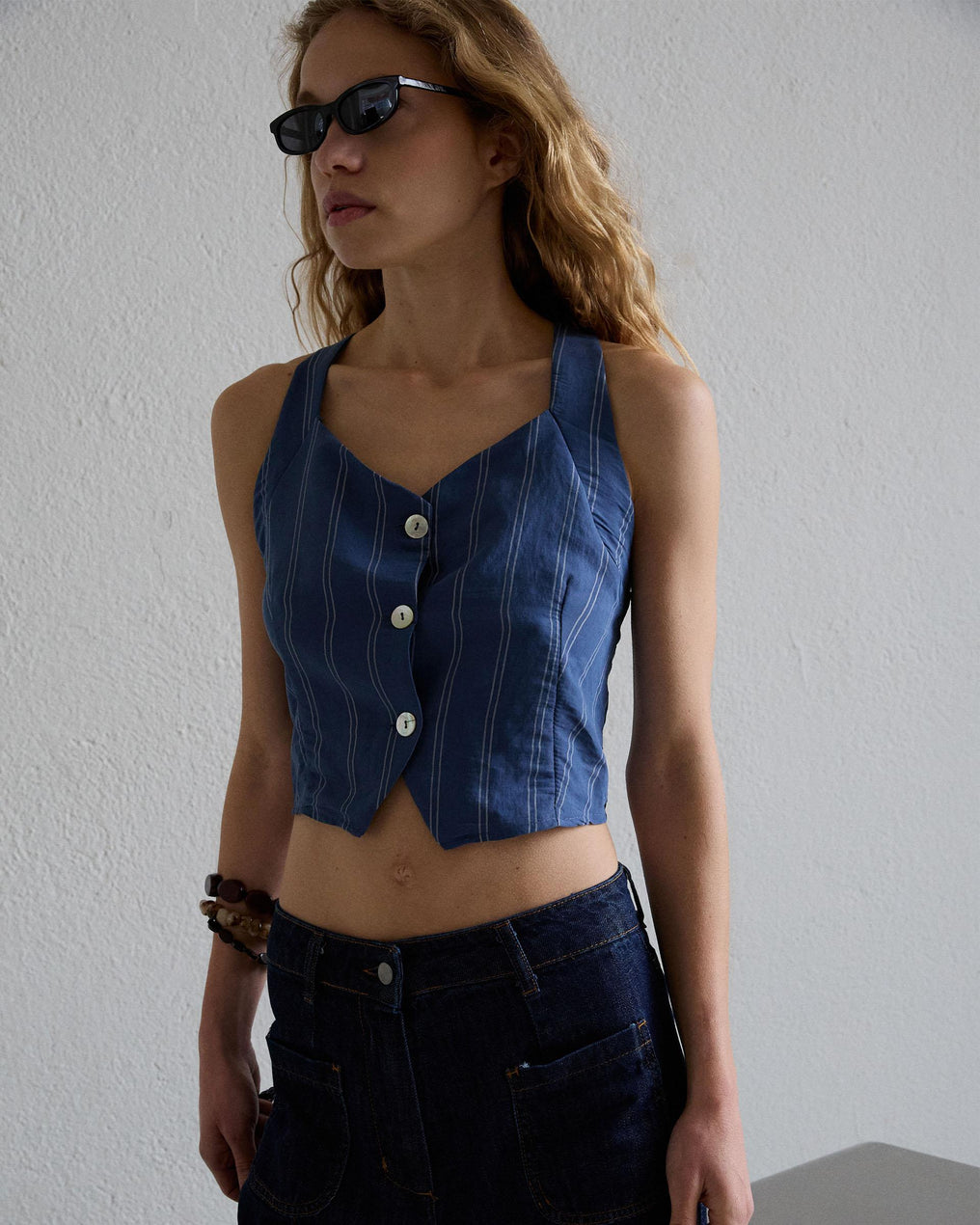 Top Botones Rayas Azul