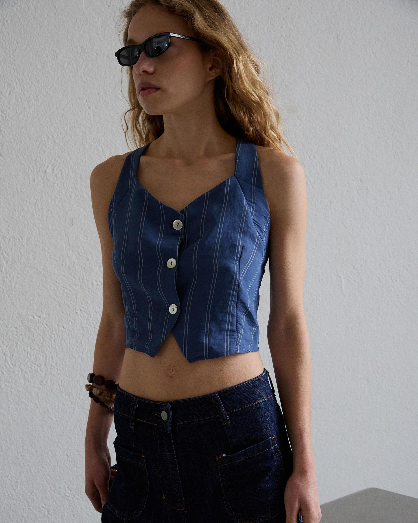 Top Botones Rayas Azul