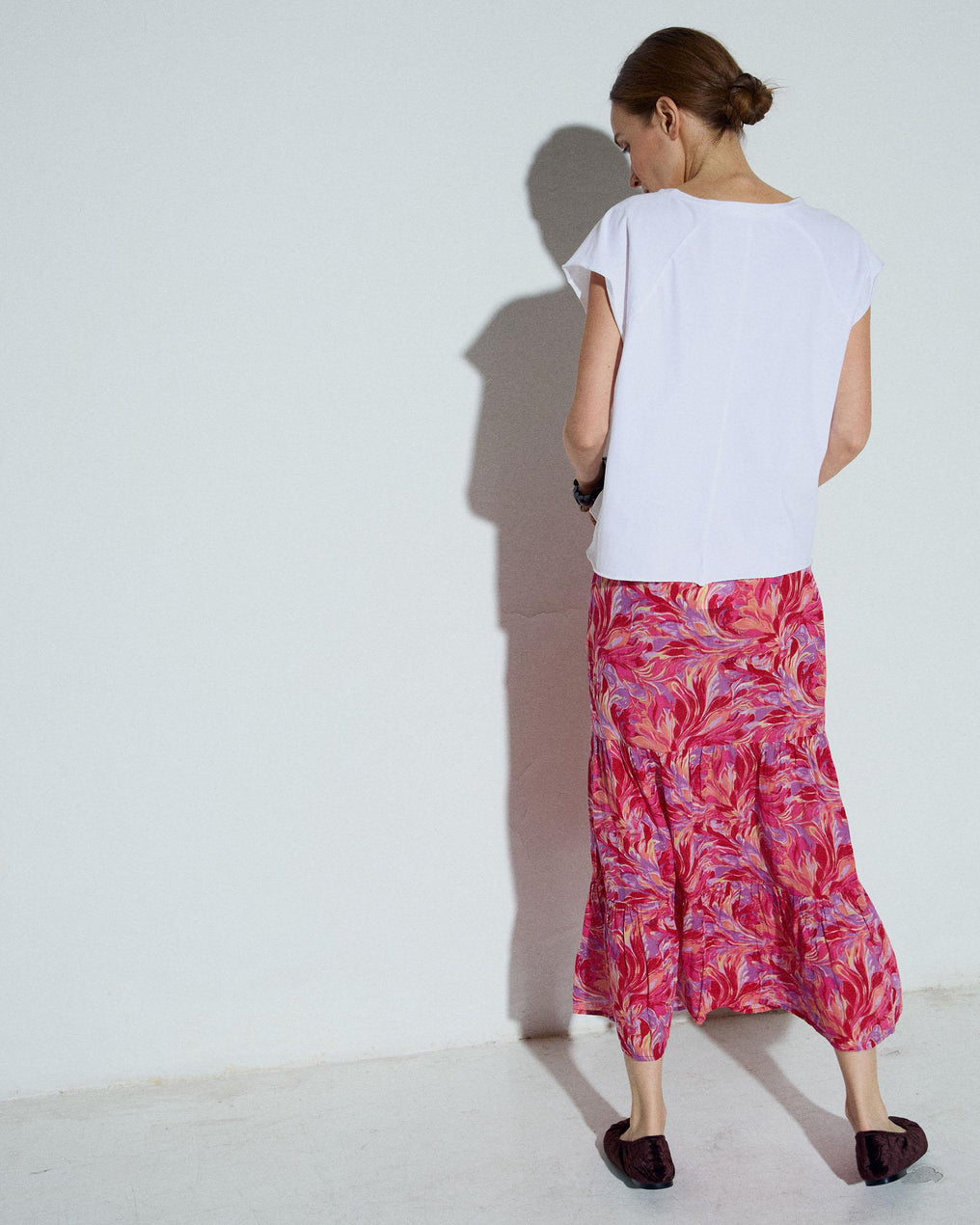 Falda Fluida Estampado Floral Fucsia