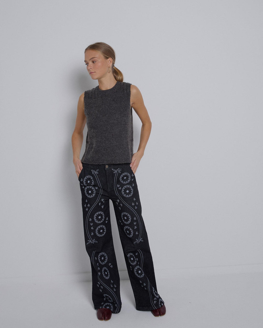 Black Floral Embroidered Jeans