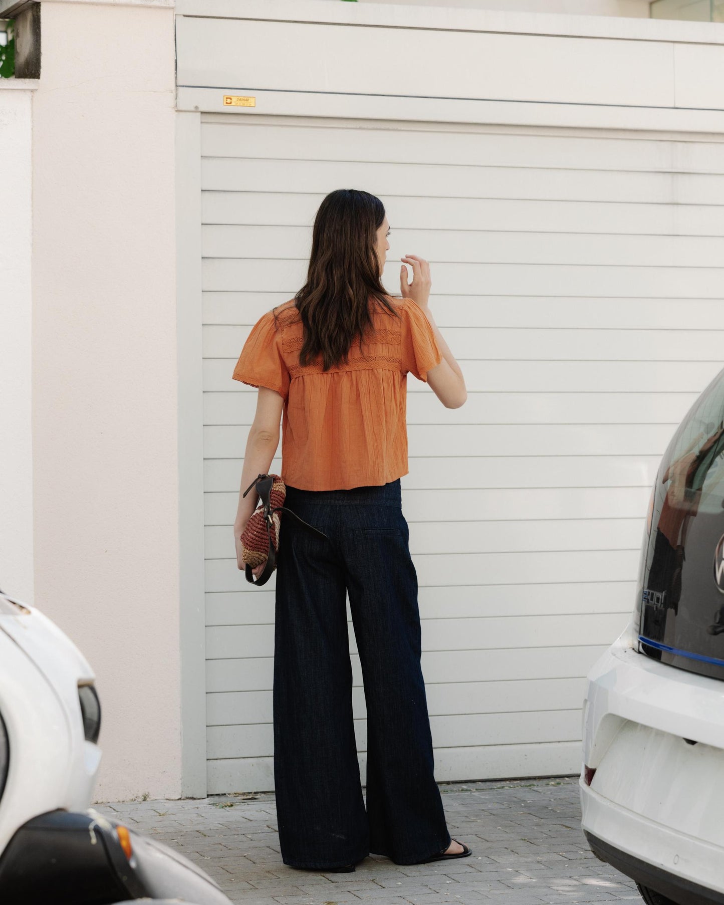 Blusa Puntillas Delanteras Botones Naranja