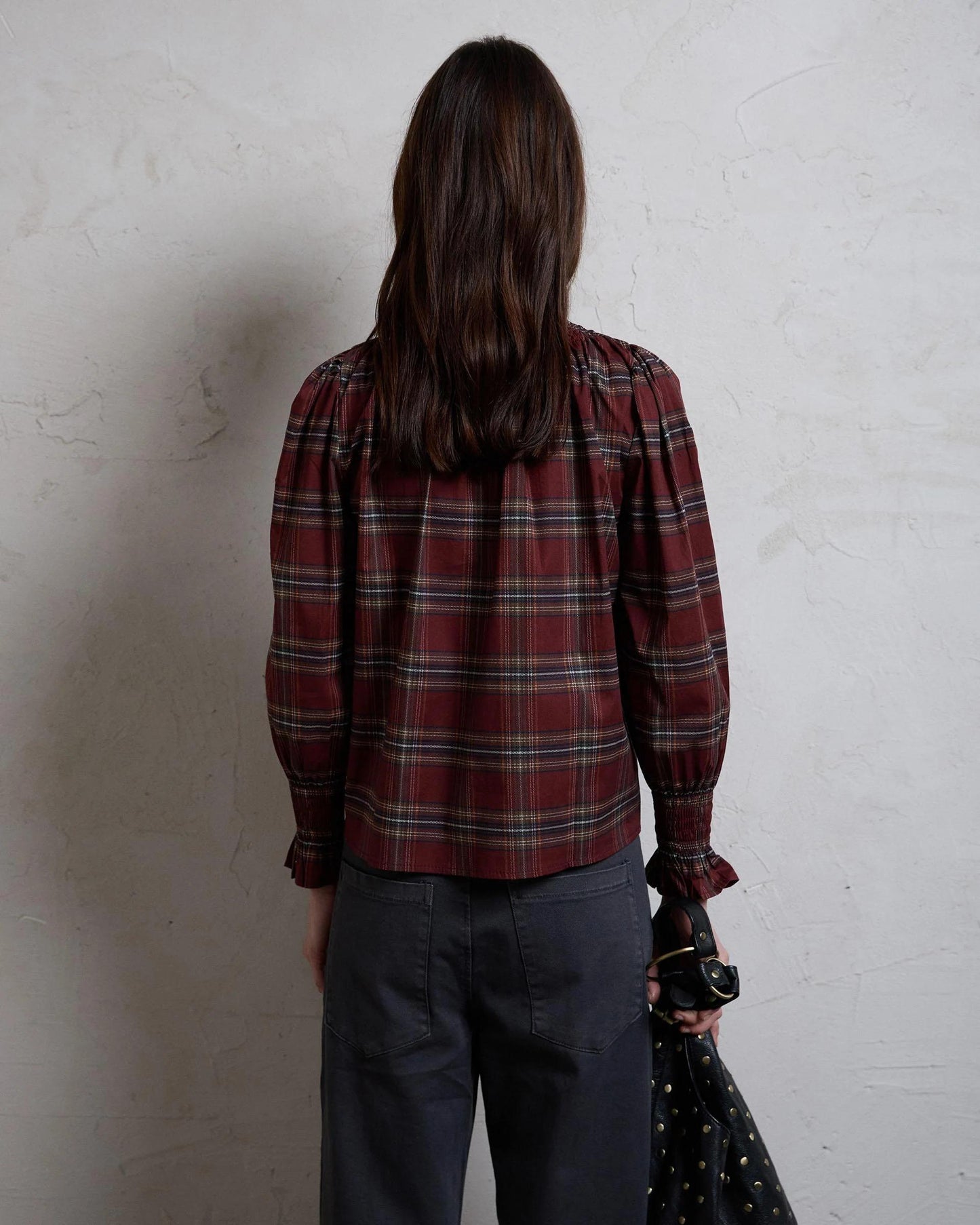 Blusa Nido De Abeja Cuello Cuadros Granate