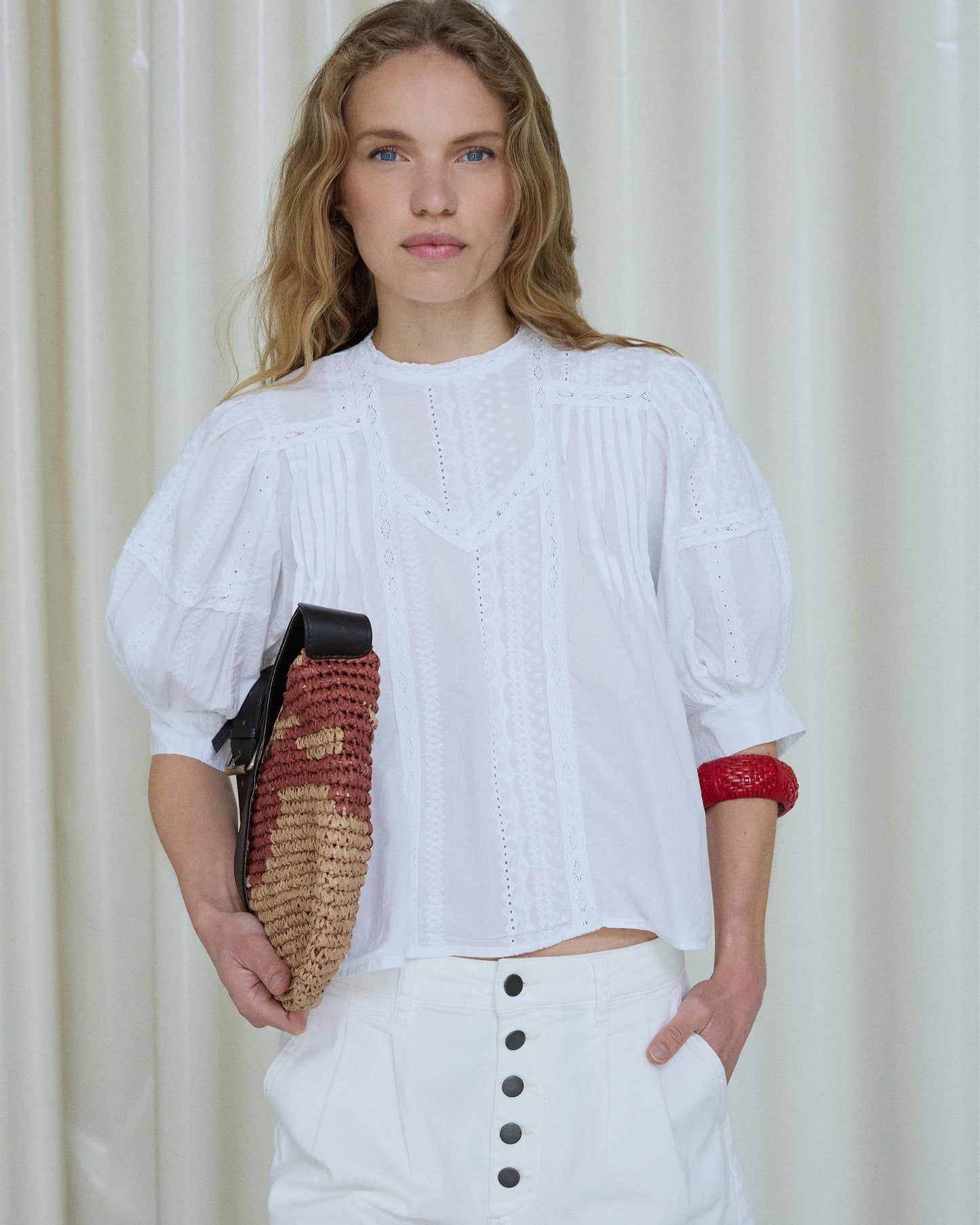 Blouse Manche Française Dentelles Coulisses Blanc