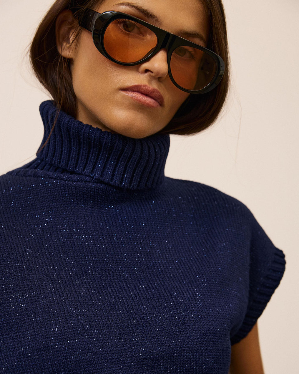Chaleco Cuello Vuelto Lurex Azul Marino