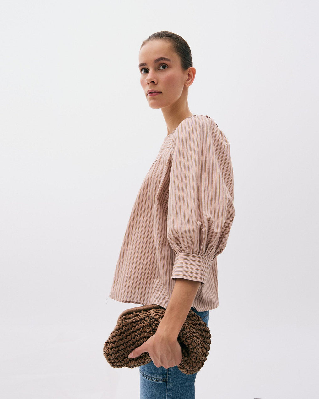Blouse Rose à Rayures et Empiècement
