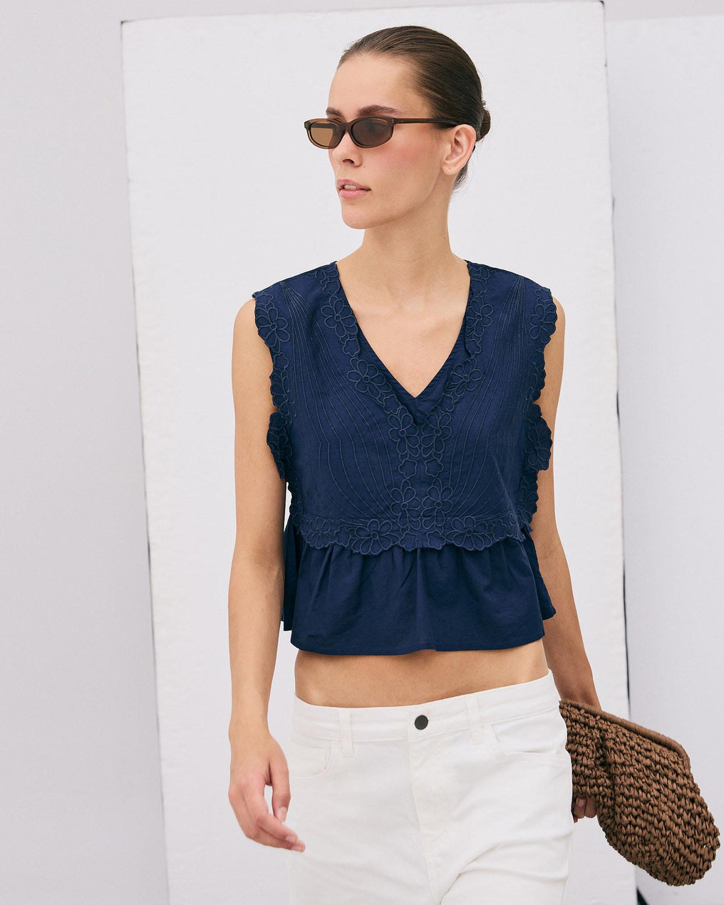 Top Embroidered Flowers Navy Blue