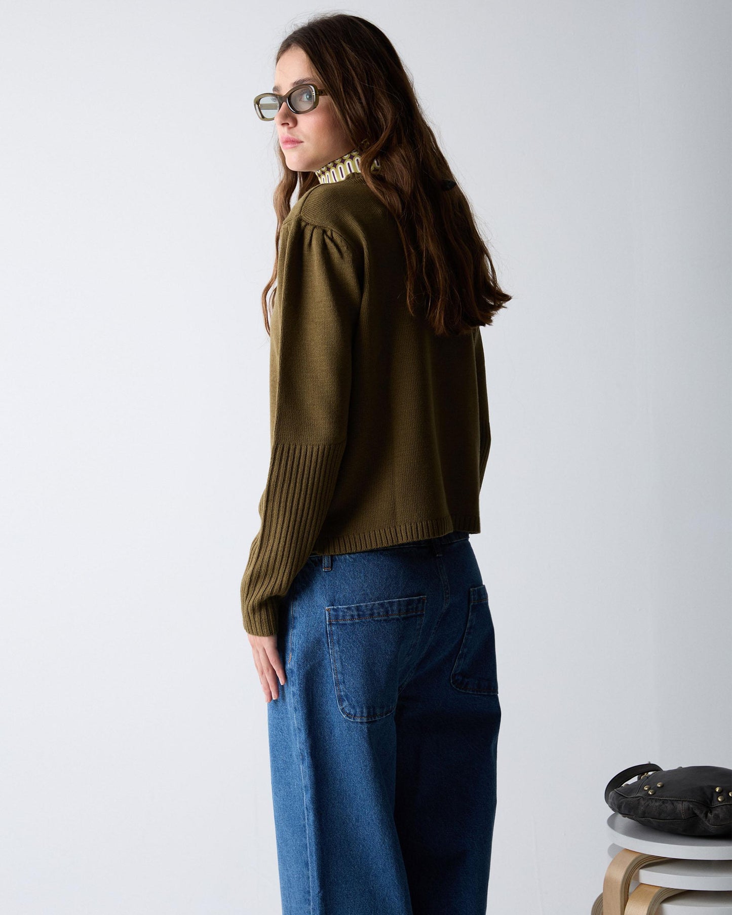 Jersey Pliegues Hombros Rib Mangas Kaki