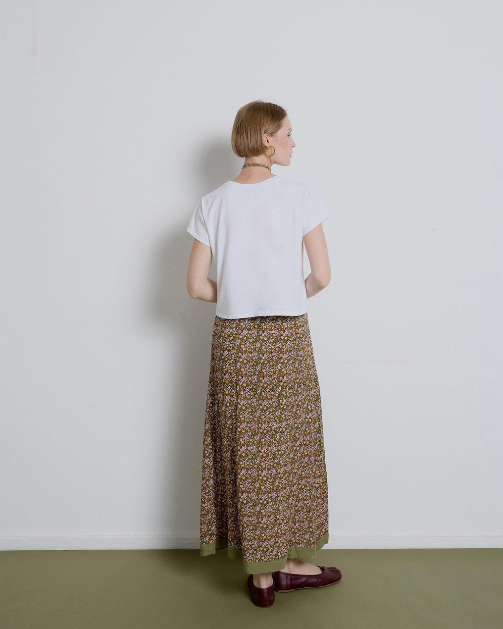 Green Side Ruffle Printed Skirt