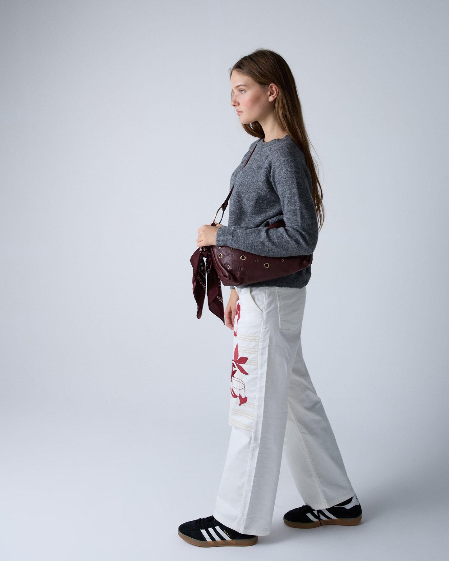 White Floral and Checkered Embroidered Jeans