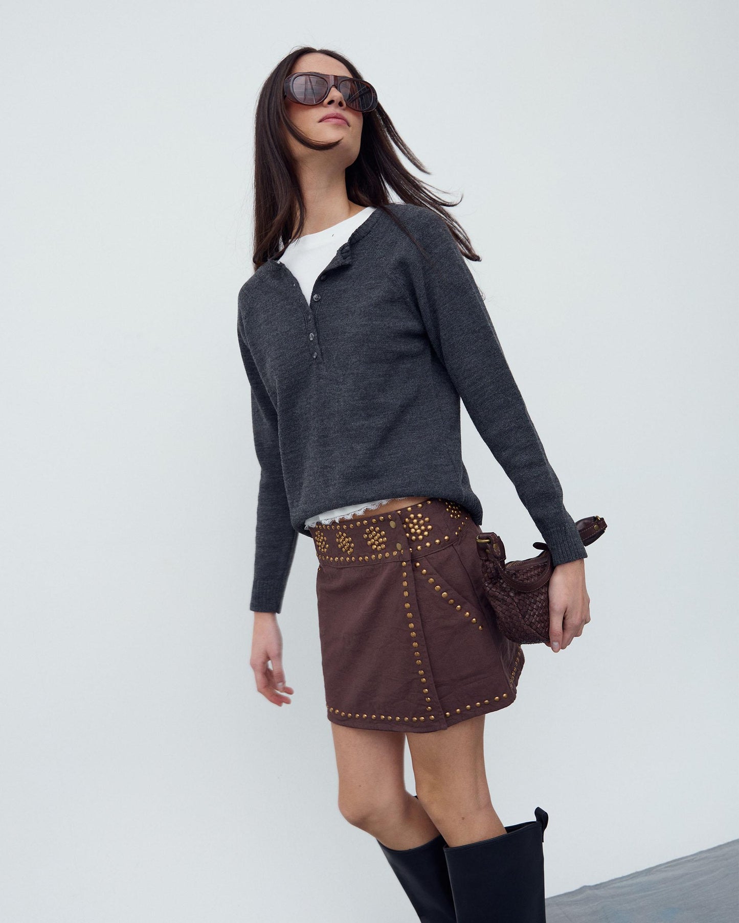 Brown Canvas Studded Mini Skirt
