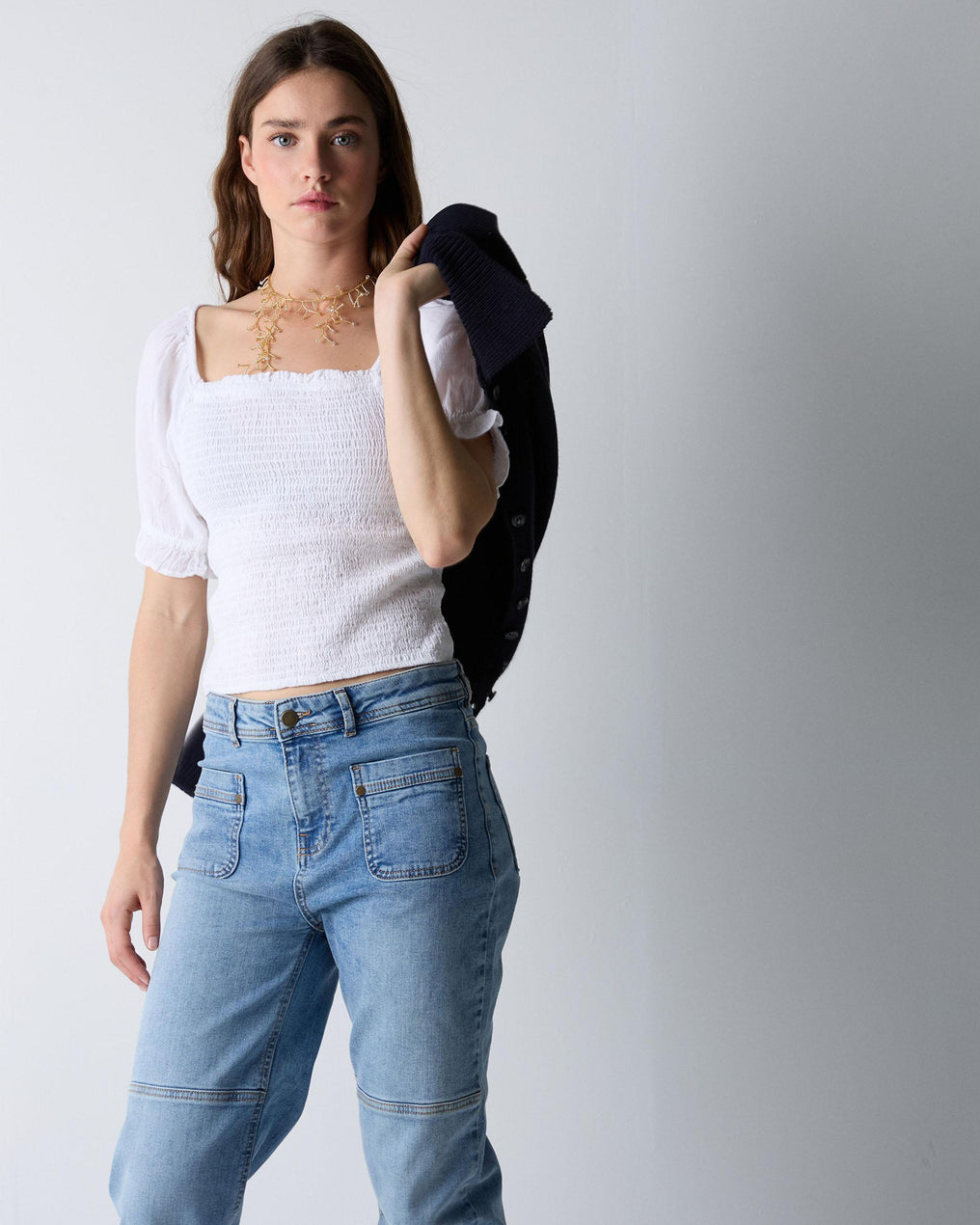 Honeycomb Blouse with White Back Neckline