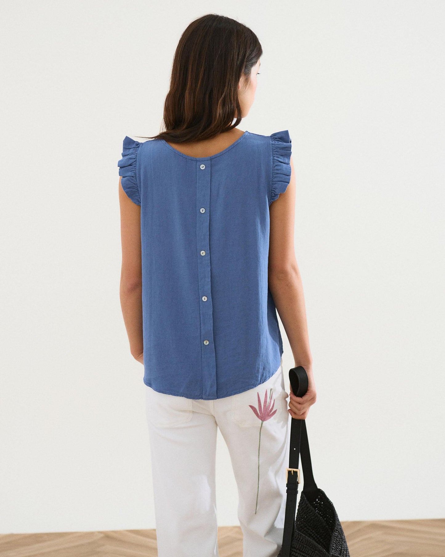 Blue Linen Back Button Top