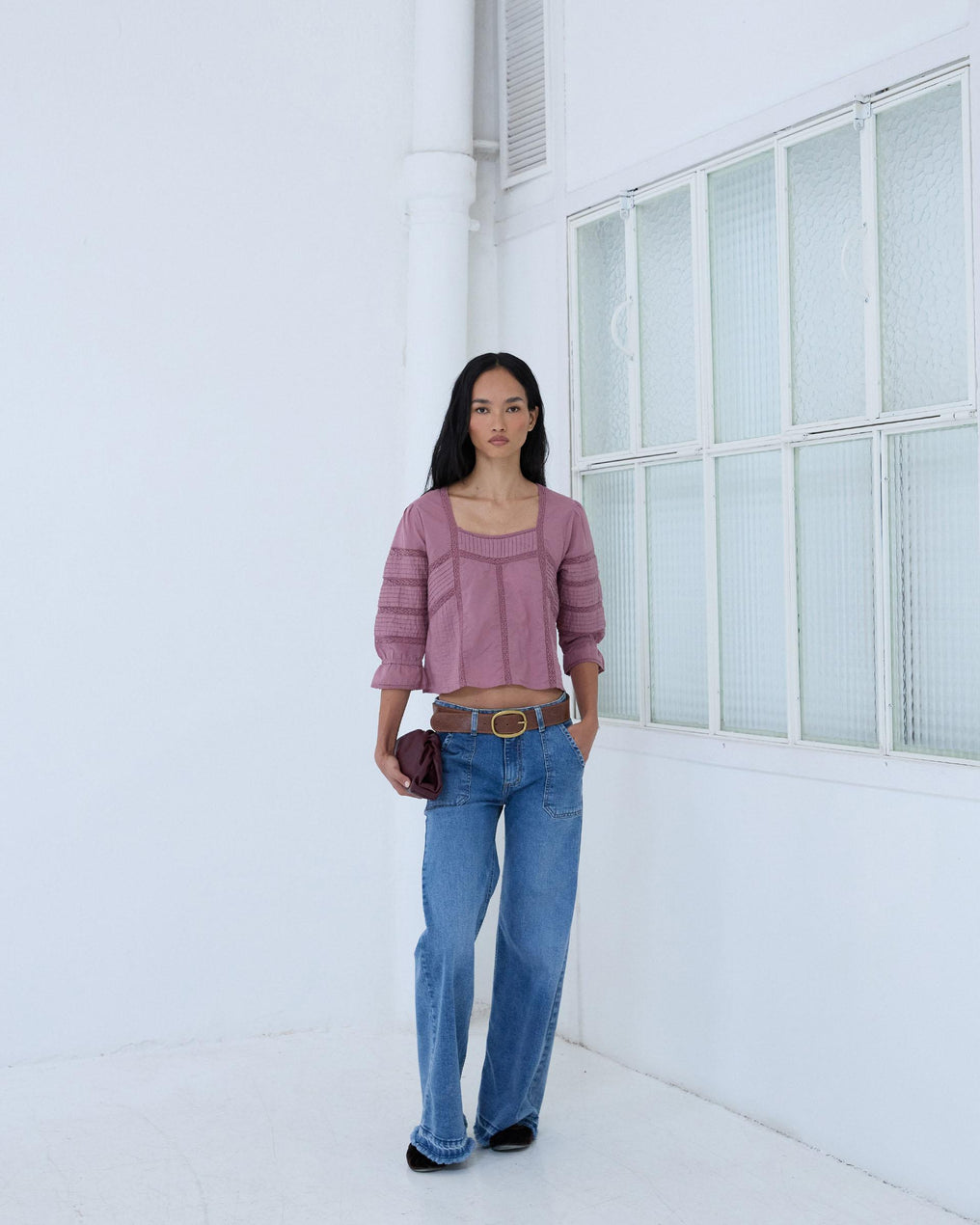 Blouse Col Carré Dentelles Rose