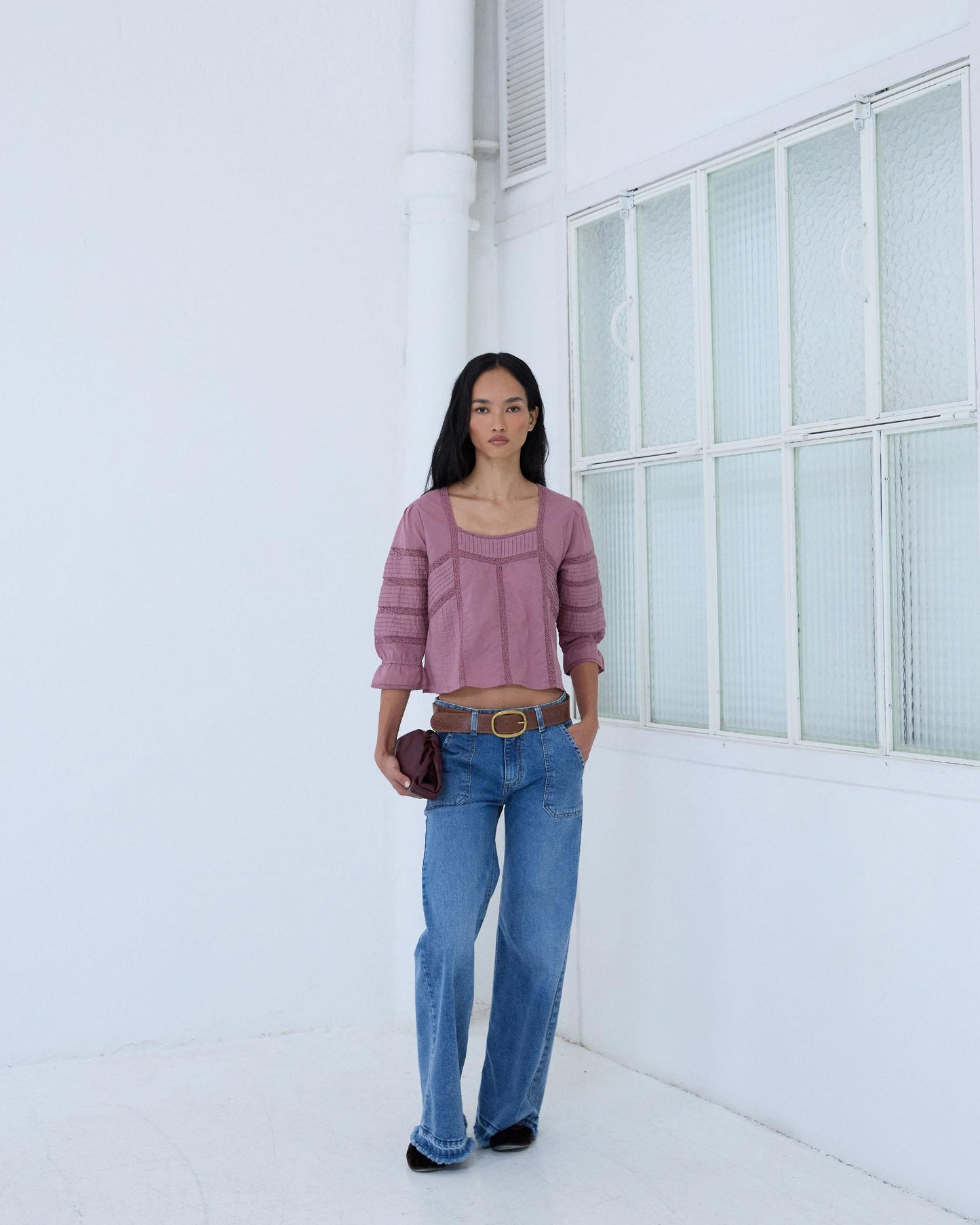 Blouse Col Carré Dentelles Rose