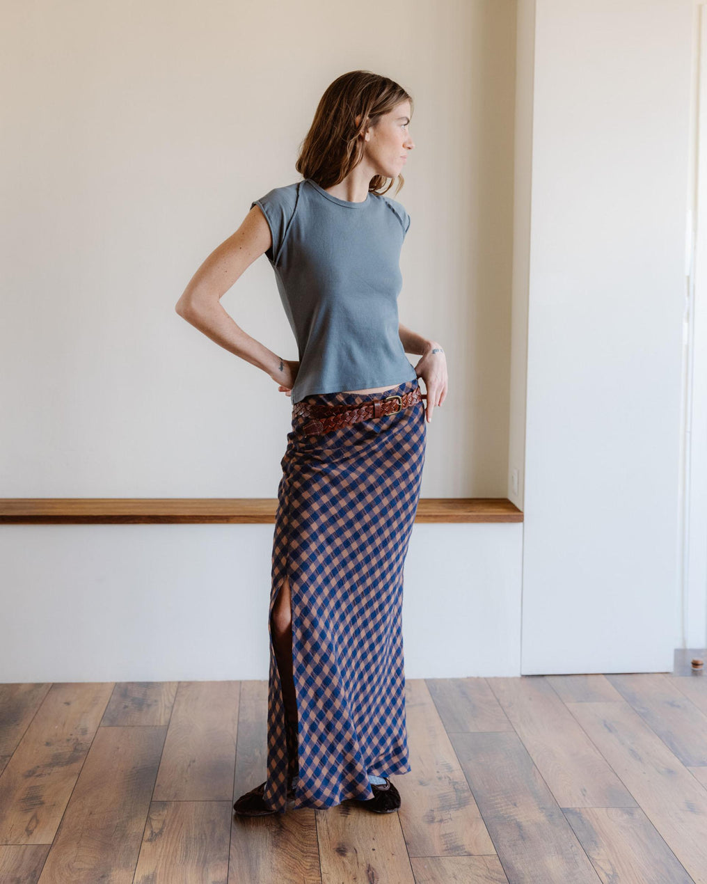 Falda Larga Cuadros Azul Marino