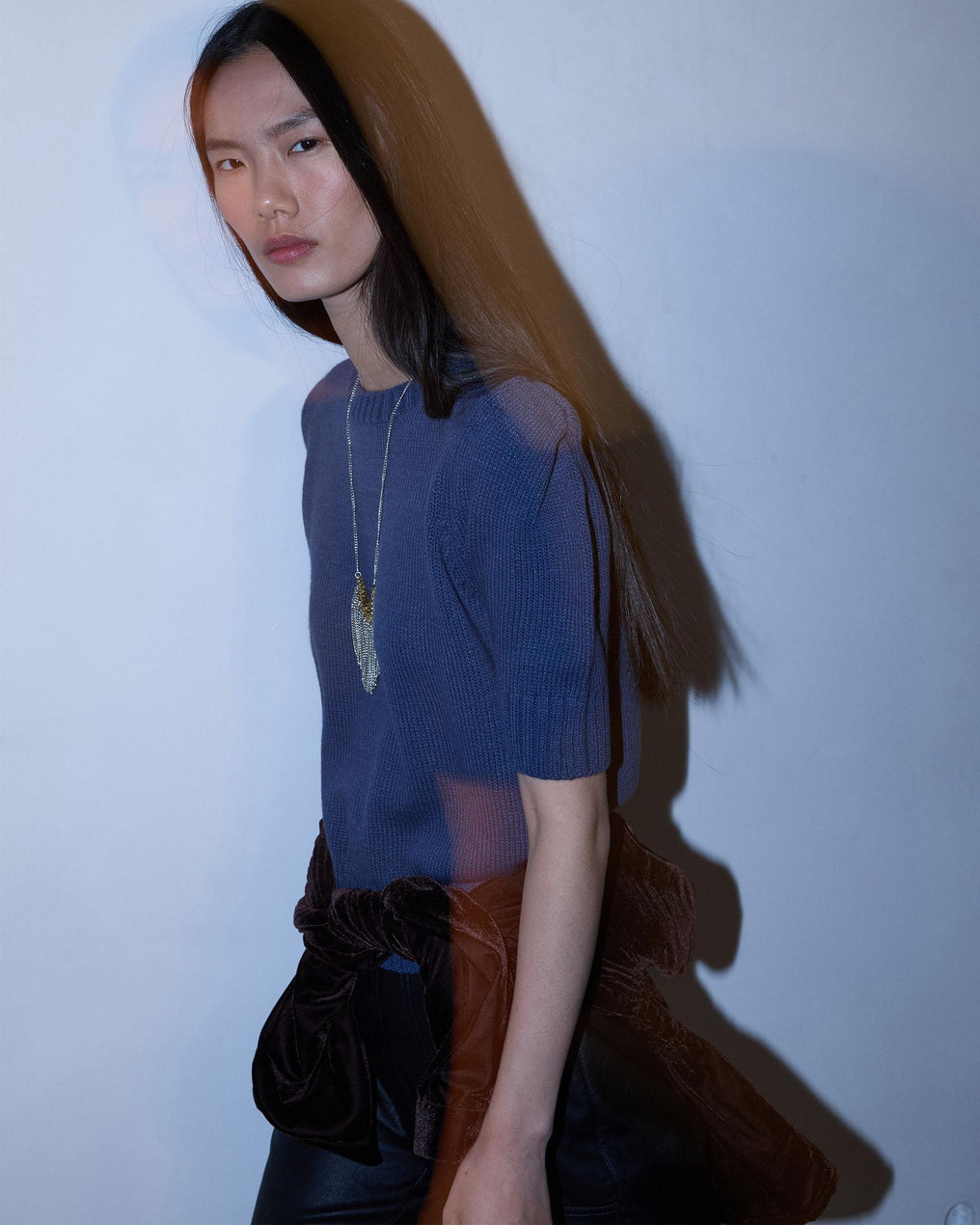 Dark Blue Knit Top with Shoulder Pads