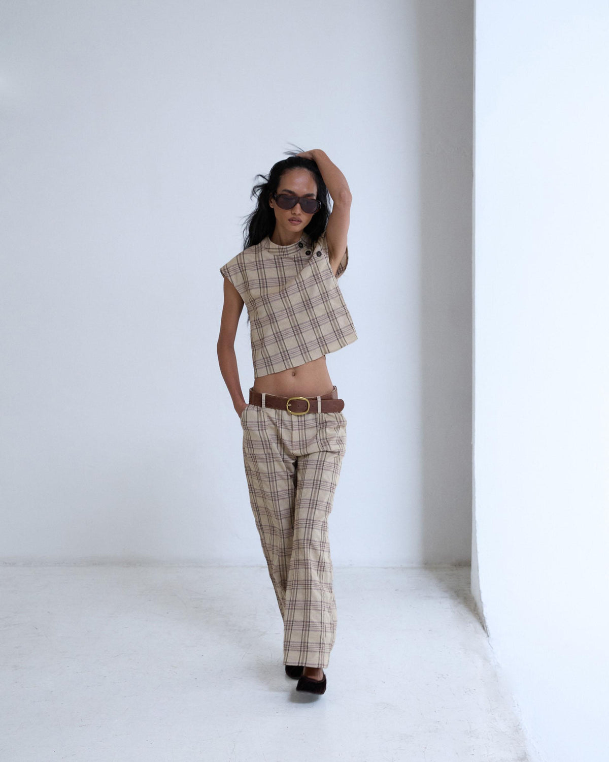 Pantalón Sin Cinturilla Cuadros Beige