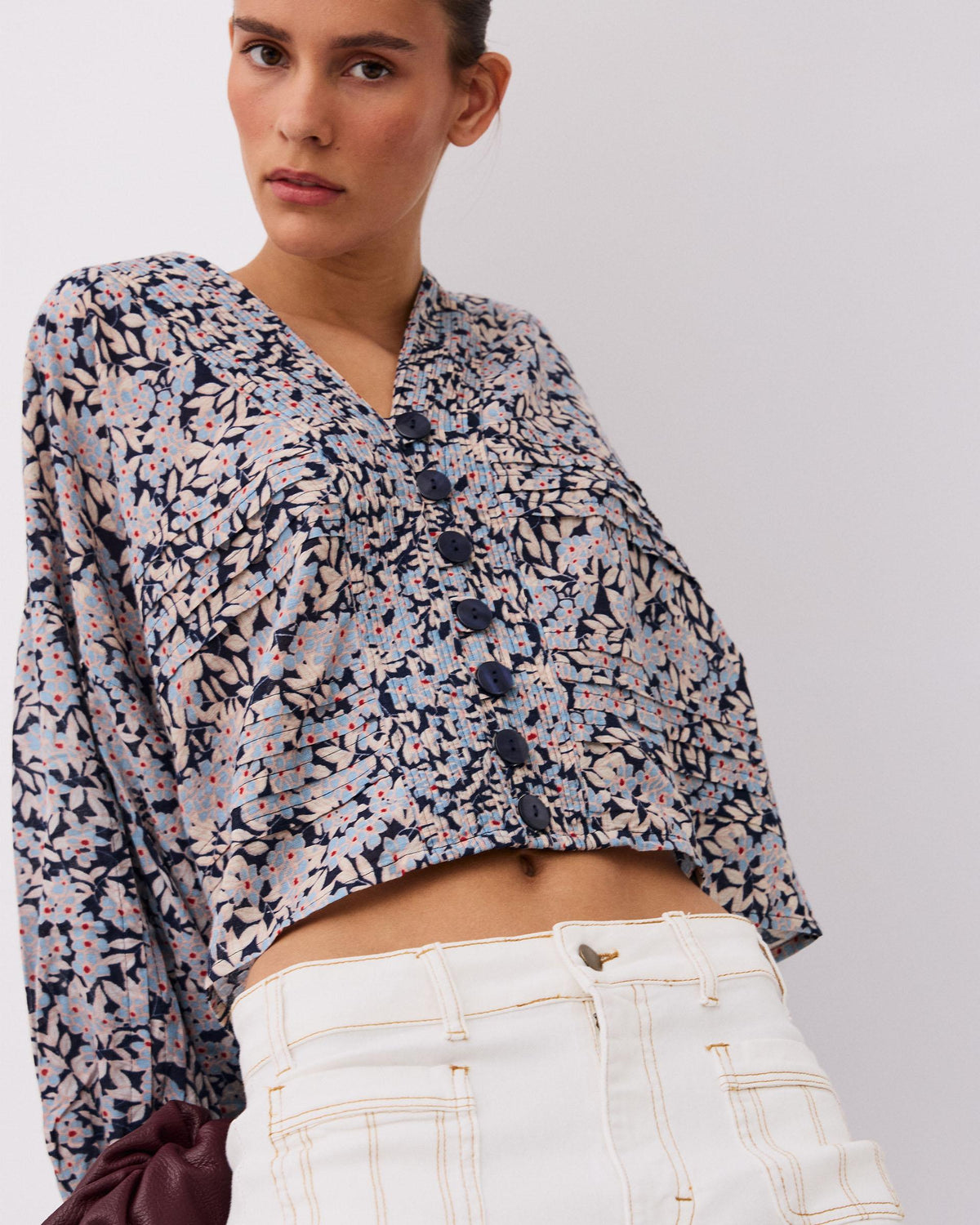 Blue Floral Print Pleated Blouse