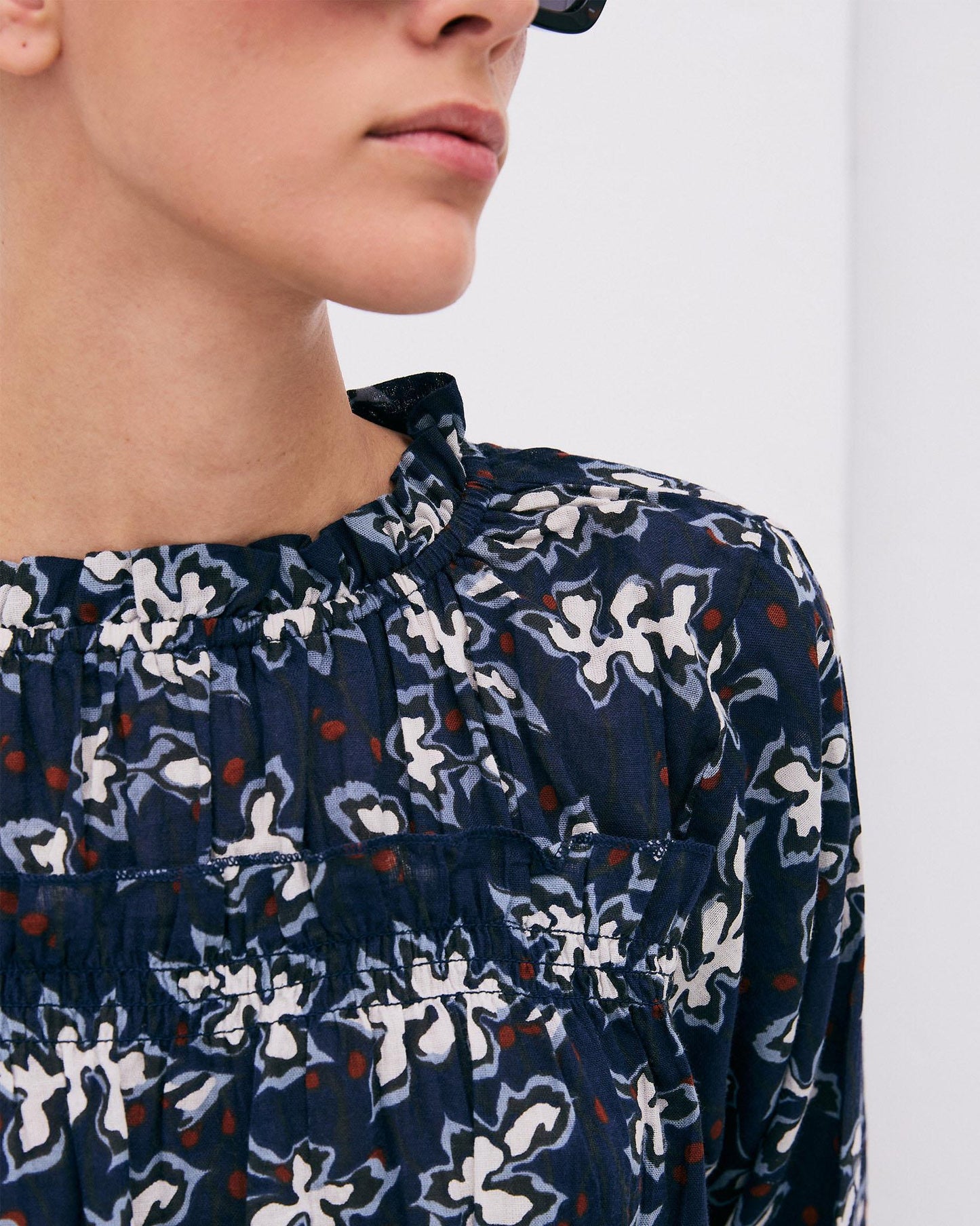 Navy Blue Floral Print Long Sleeve Blouse with Gathers