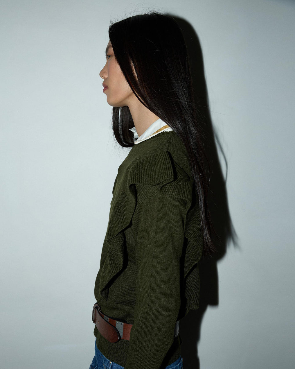 Dark Green Jersey with Side Ruffles