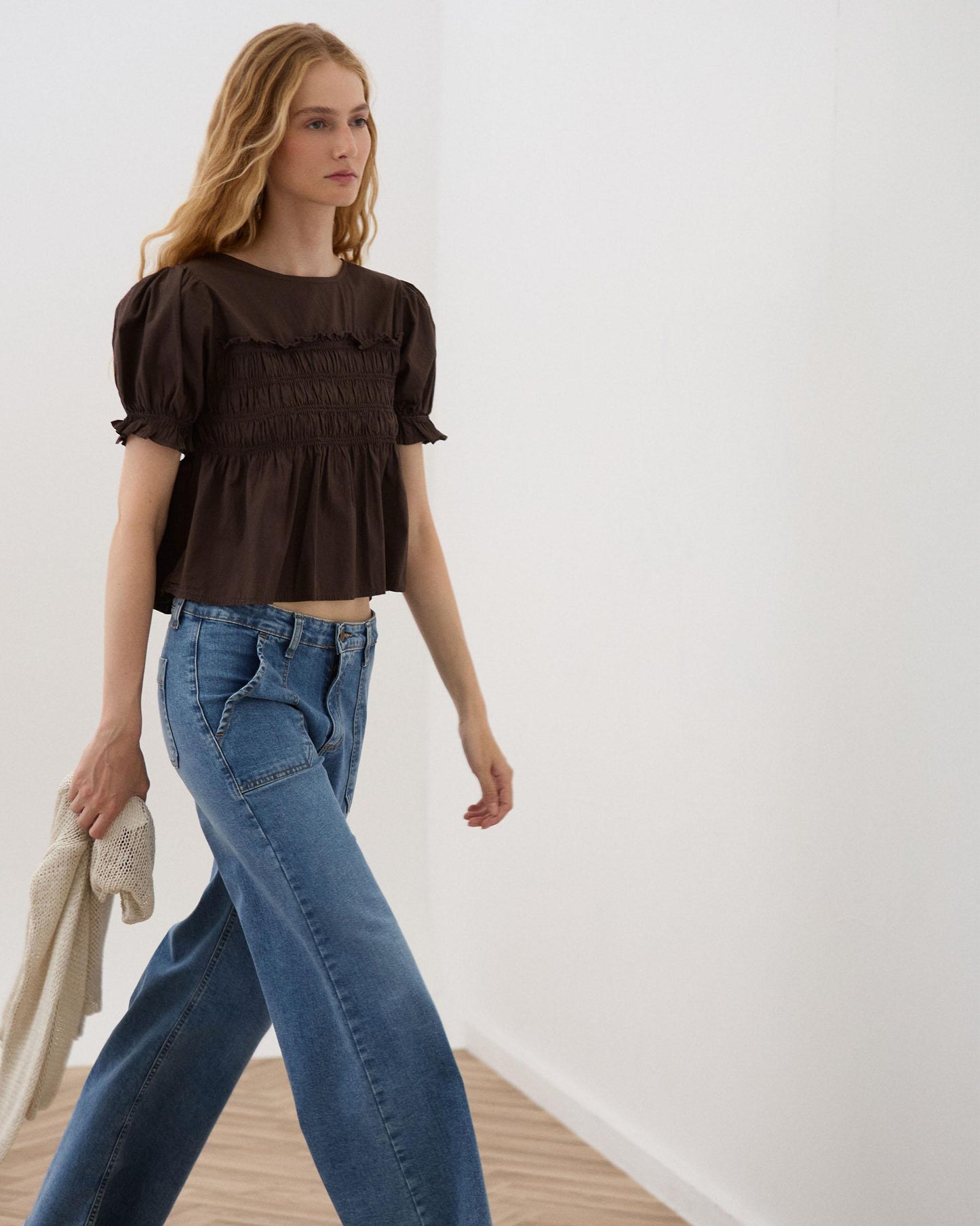 Puff Sleeve Smocked Blouse Brown