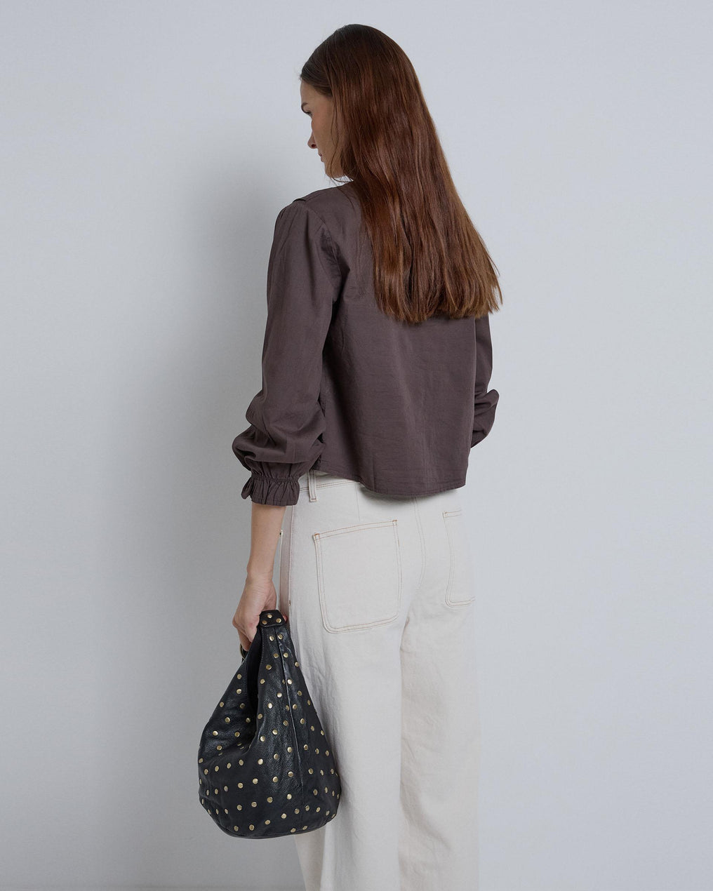 Brown V-Neck Ruffle Blouse