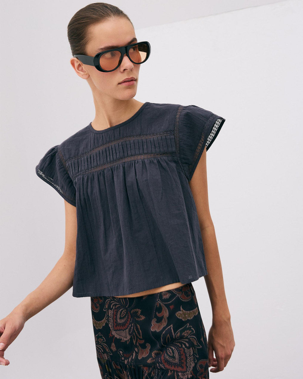 Blouse Manches Courtes Dentelle Avant Anthracite