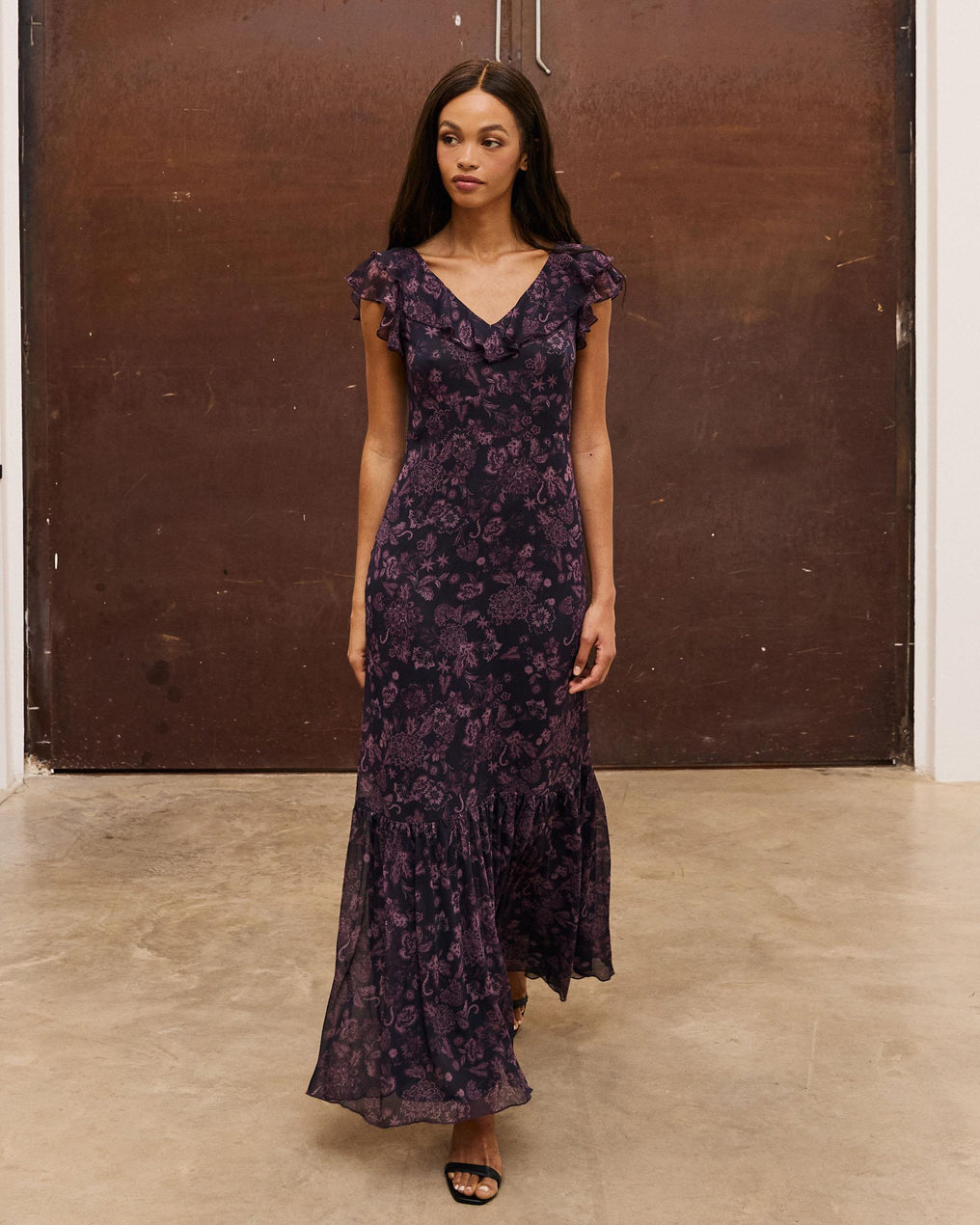 Vestido Estampado Floral Volantes Morado