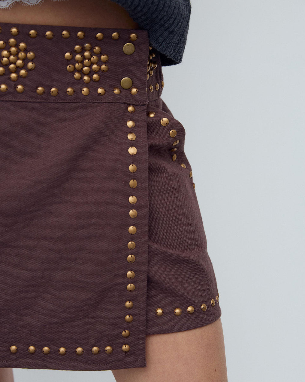 Brown Canvas Studded Mini Skirt