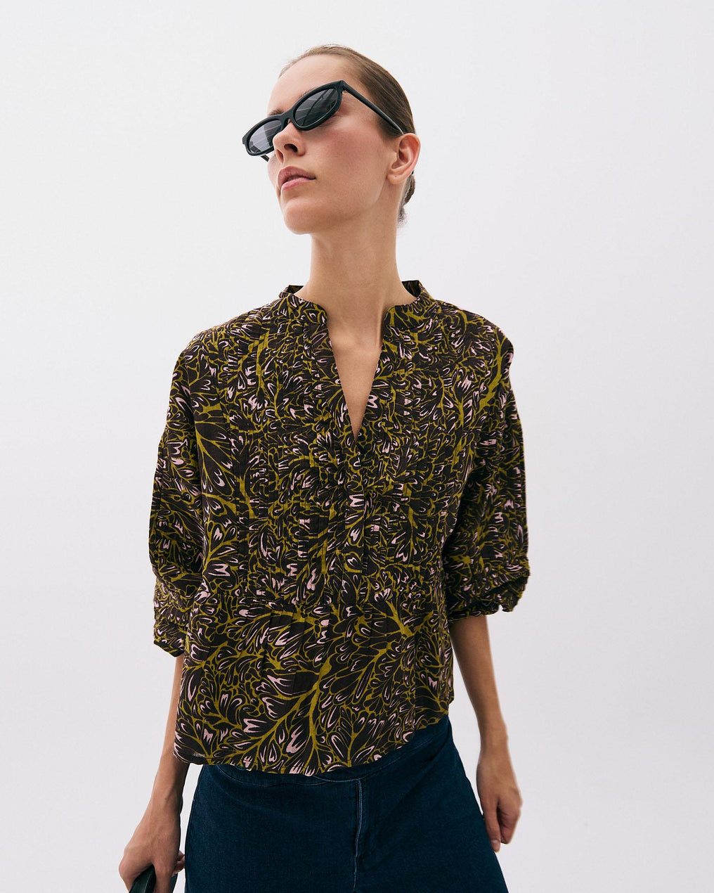 Blusa Botones Delanteros Estampada Marrón