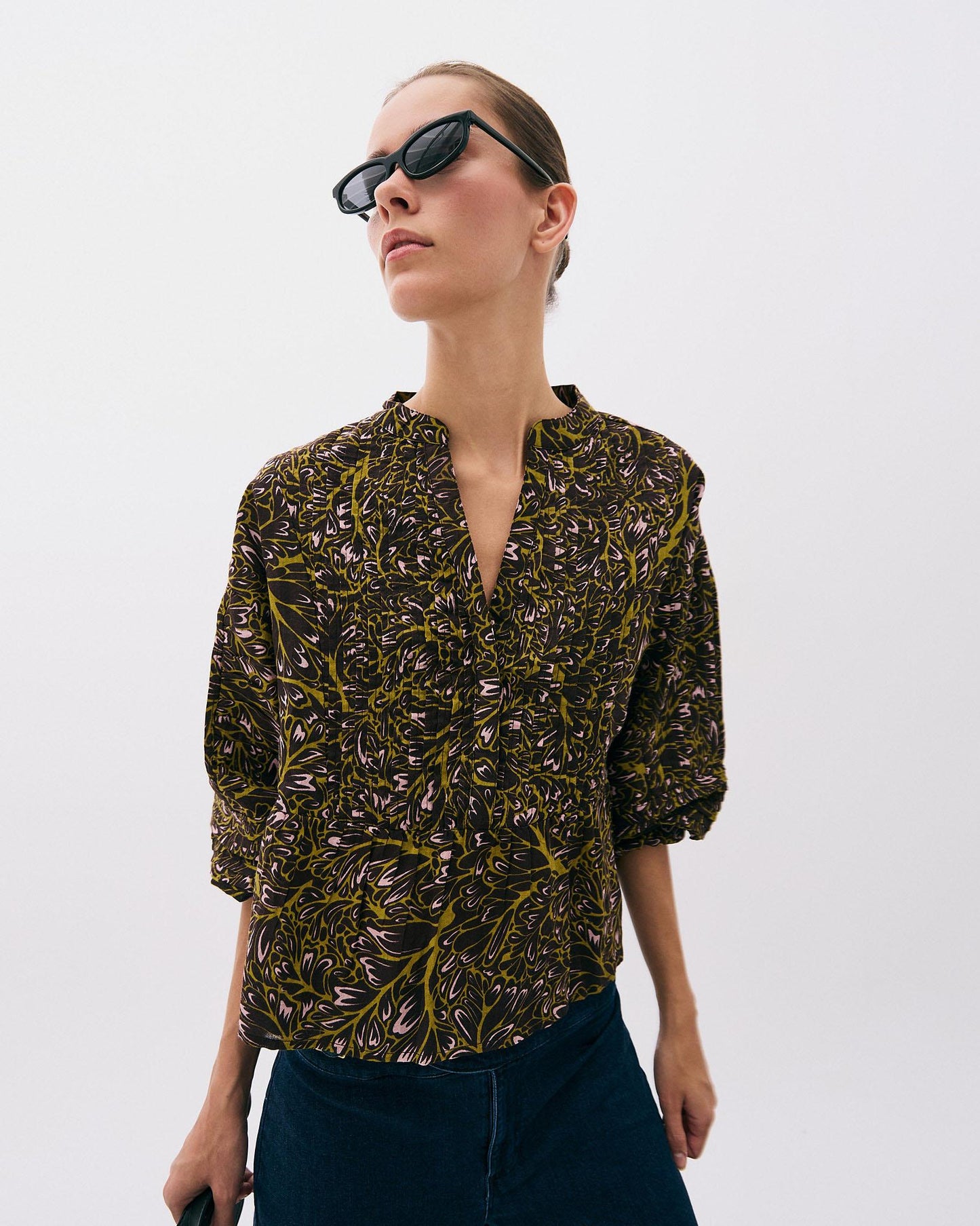 Blusa Botones Delanteros Estampada Marrón