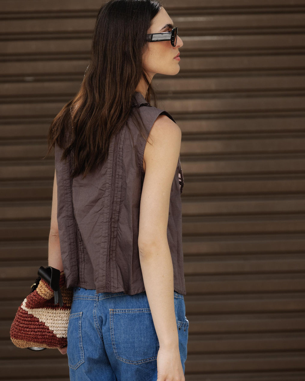 Sleeveless Blouse with Brown Bib