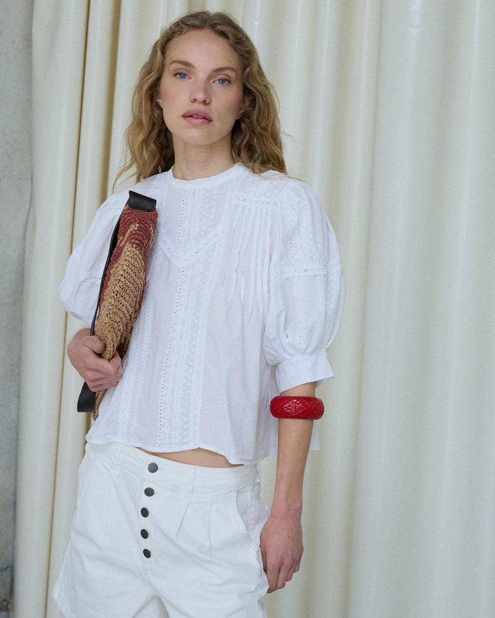 Blouse Manche Française Dentelles Coulisses Blanc
