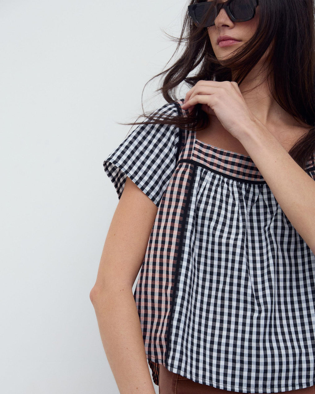 Gingham Blouse with Black Contrast