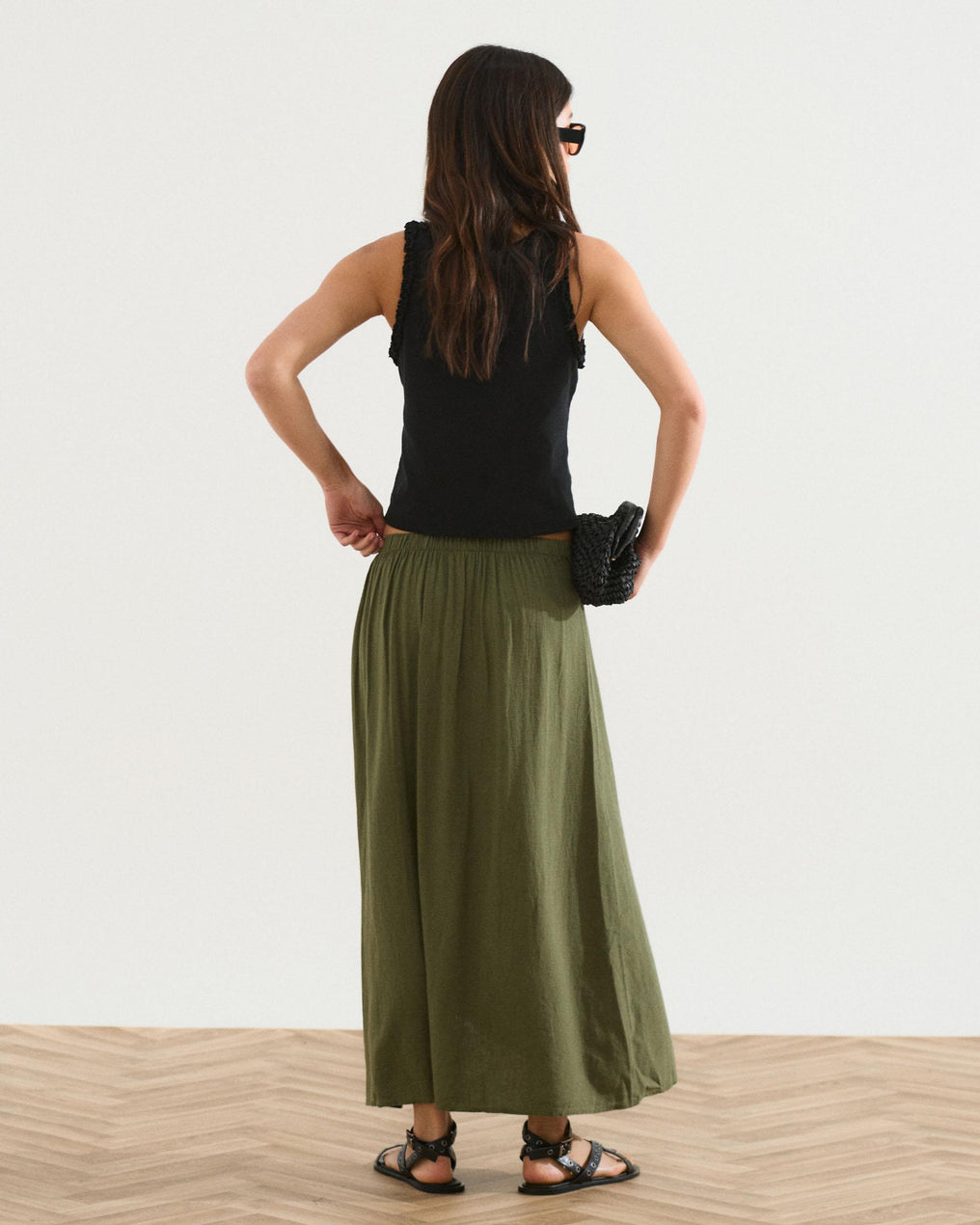 Falda Larga Volante Lateral Con Lino Verde Oscuro
