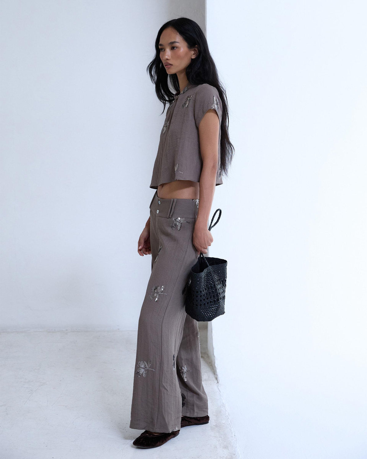 Pantalón Doble Cinturilla Lentejuelas Taupe
