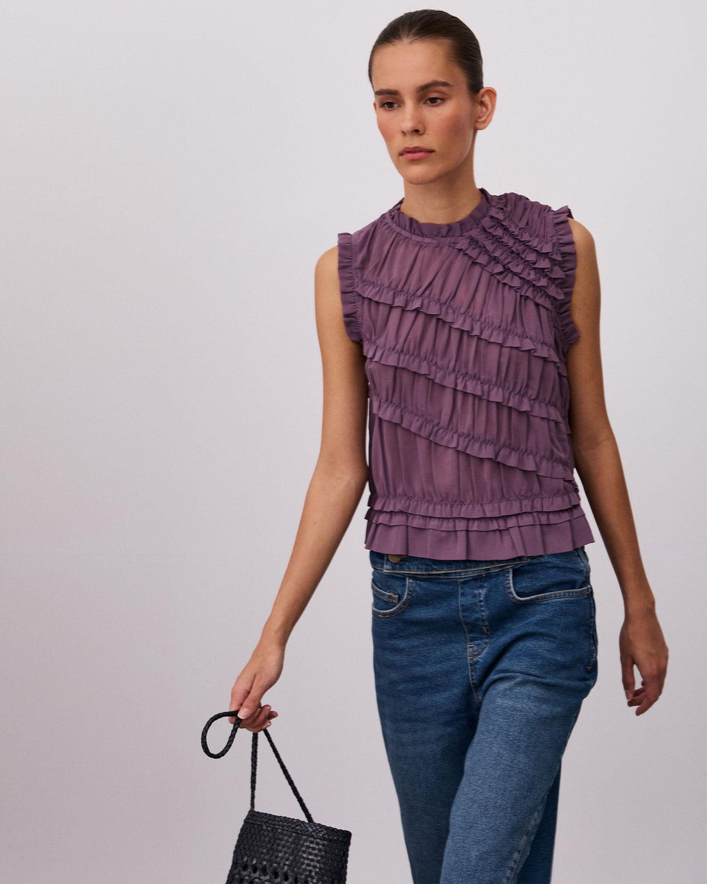 Top Violet sans Manches à Volants Diagonaux