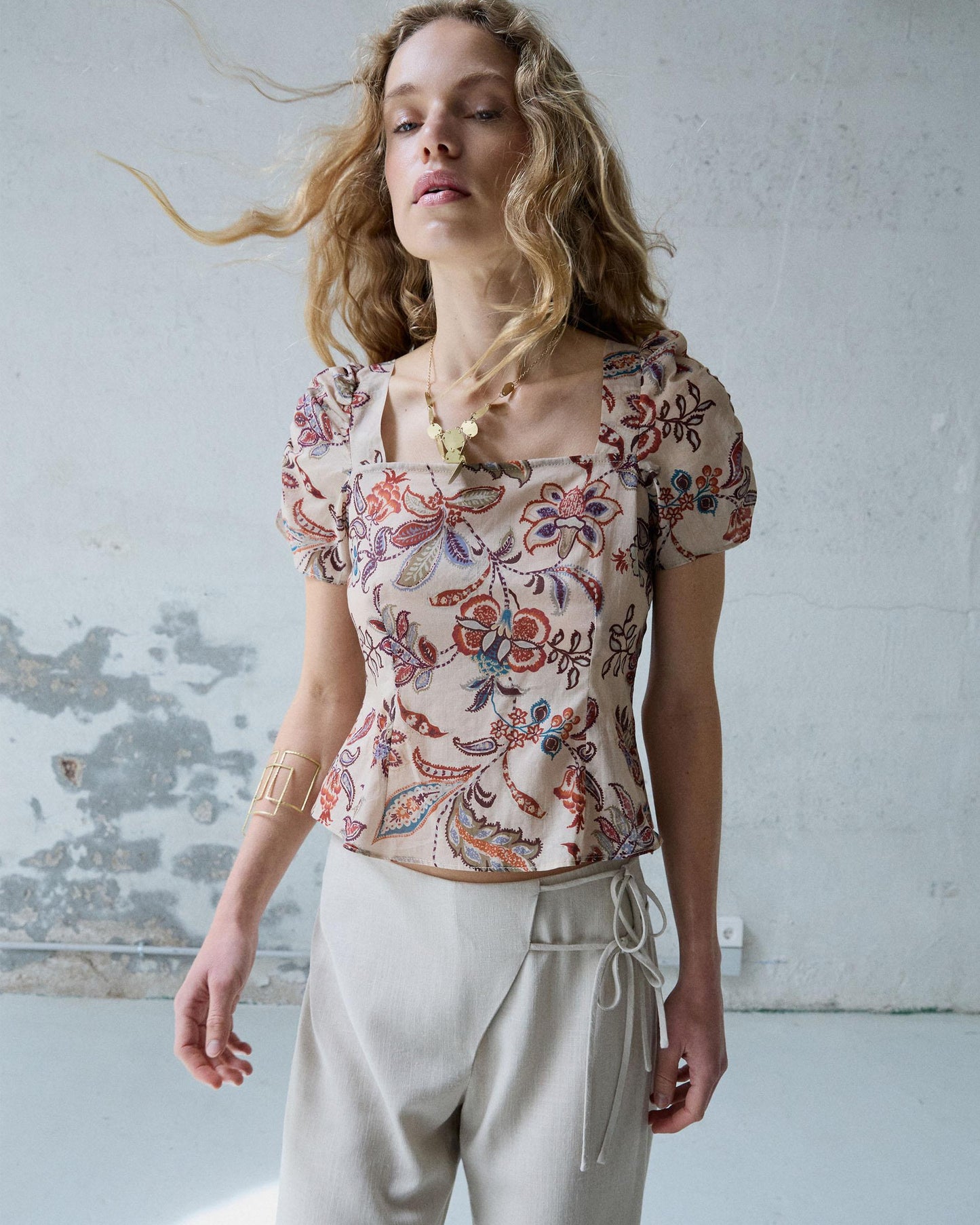 Top Corset Manga Curta Estampado Bege
